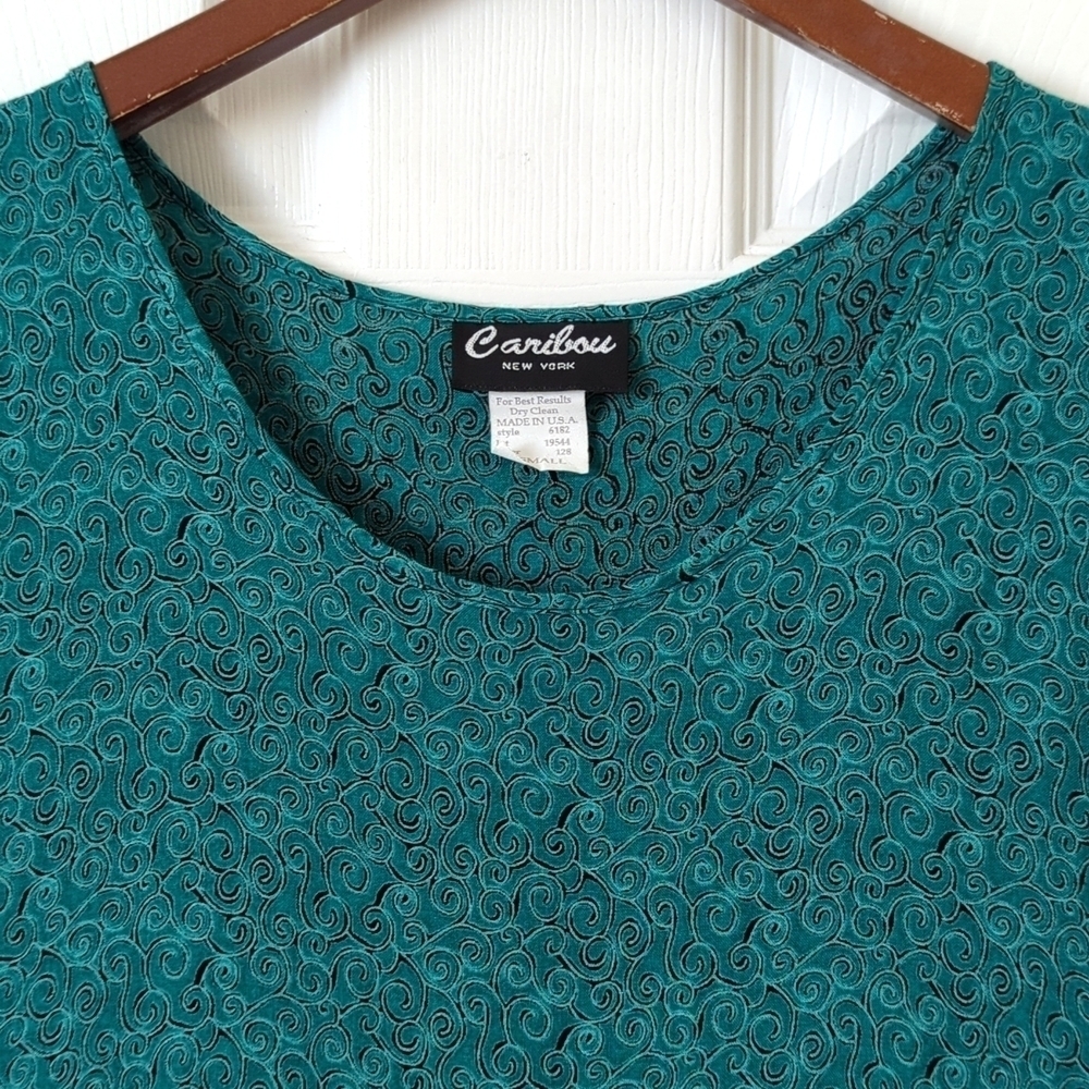 Caribou 80's Vintage Funky Swirl Printed Sleeveless Midi Shift Dress Teal Small - Picture 3 of 14